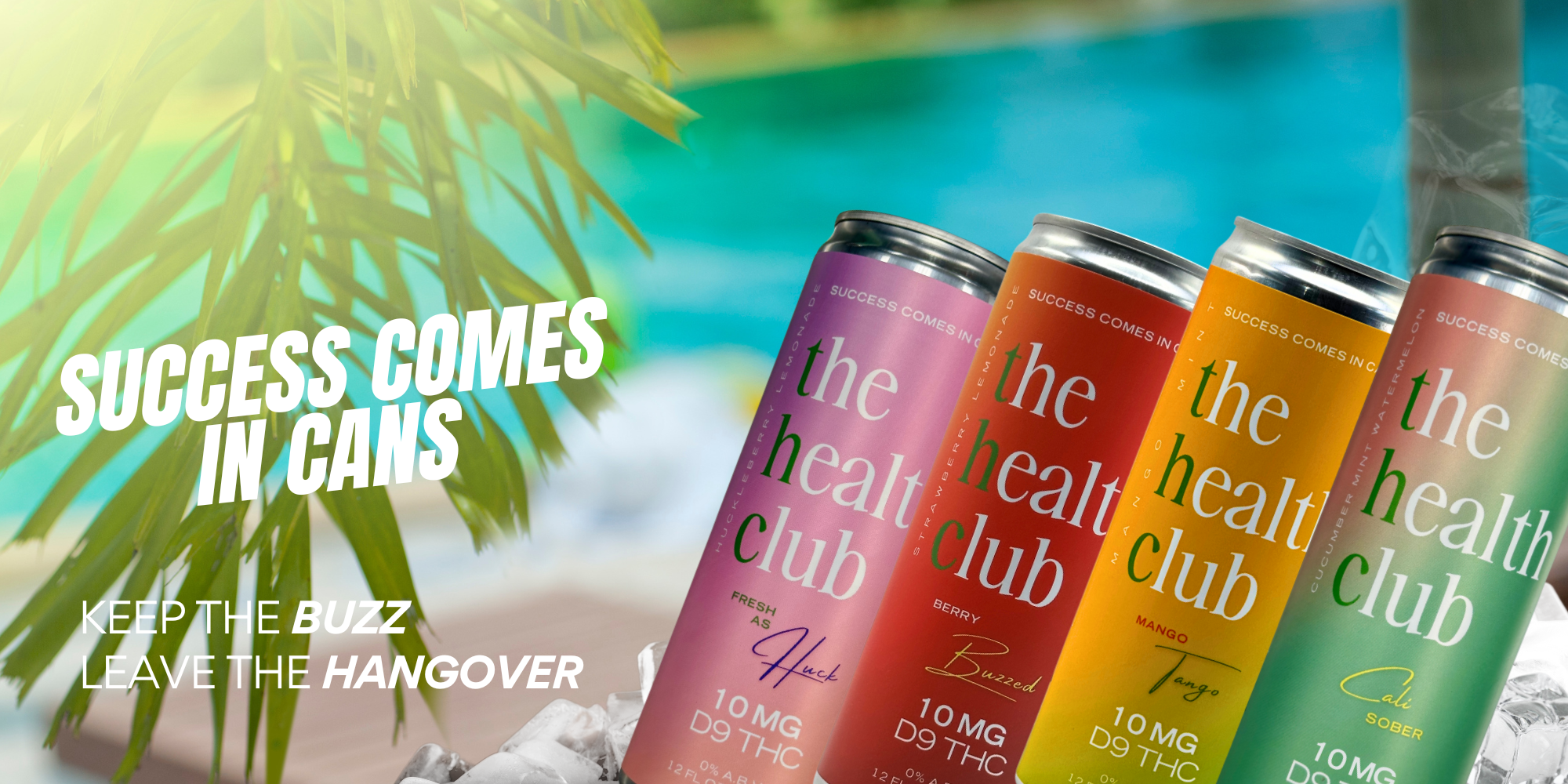Four cans of 'The Health Club' product with a beach background and text about success and avoiding hangovers.